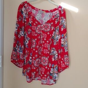 Figuerca & Flower red vibrant floral blouse Top XL flowy boho office Travel